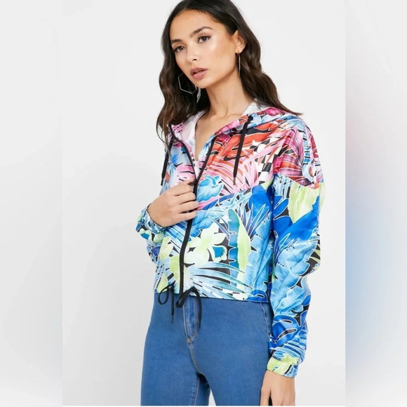 Nike Jacket Womens Medium Hyper Femme Zip Nylon Hoodie Tropical Floral Cropped - Picture 9 of 9